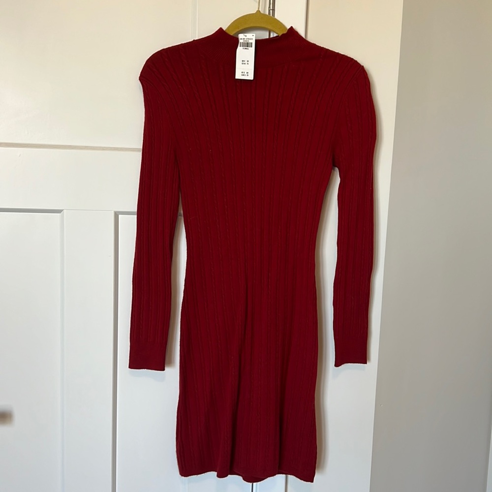 Red knit mock neck sweater dress